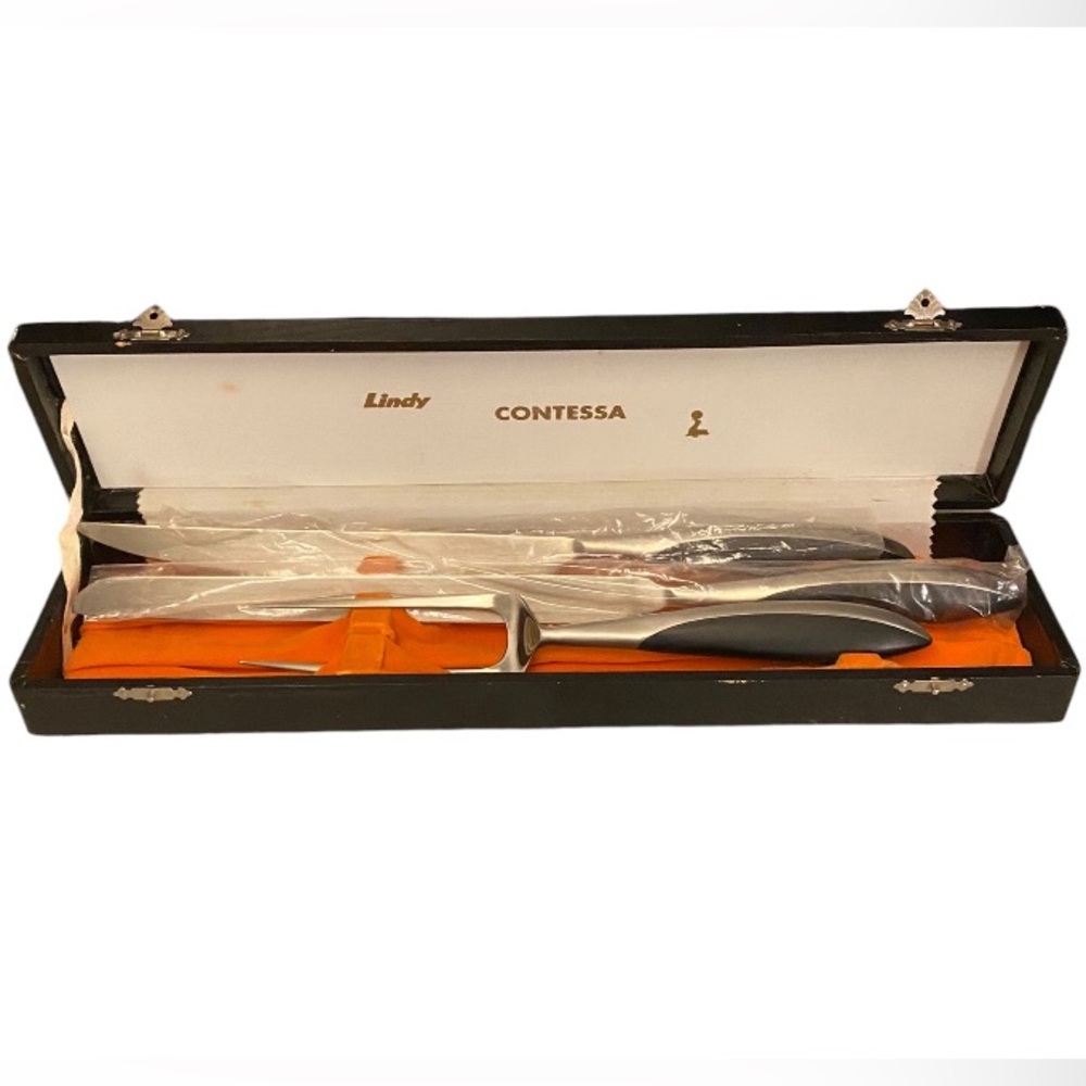NOS VTG black handle bone inlay Lindy contessa JAPAN 3 piece carving knIfe set